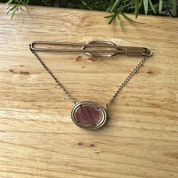 VTG Tie Bar Clip 3 Inch Chain Agatized Arizona Petrified Wood Cab Gem Gold Plate - Picture 6 of 7